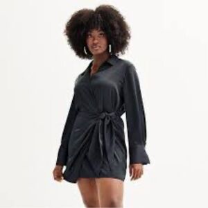 INTEMPO Women’s Wrap Front Mini Shirt Dress Black Size S Satin Grunge Goth NWT